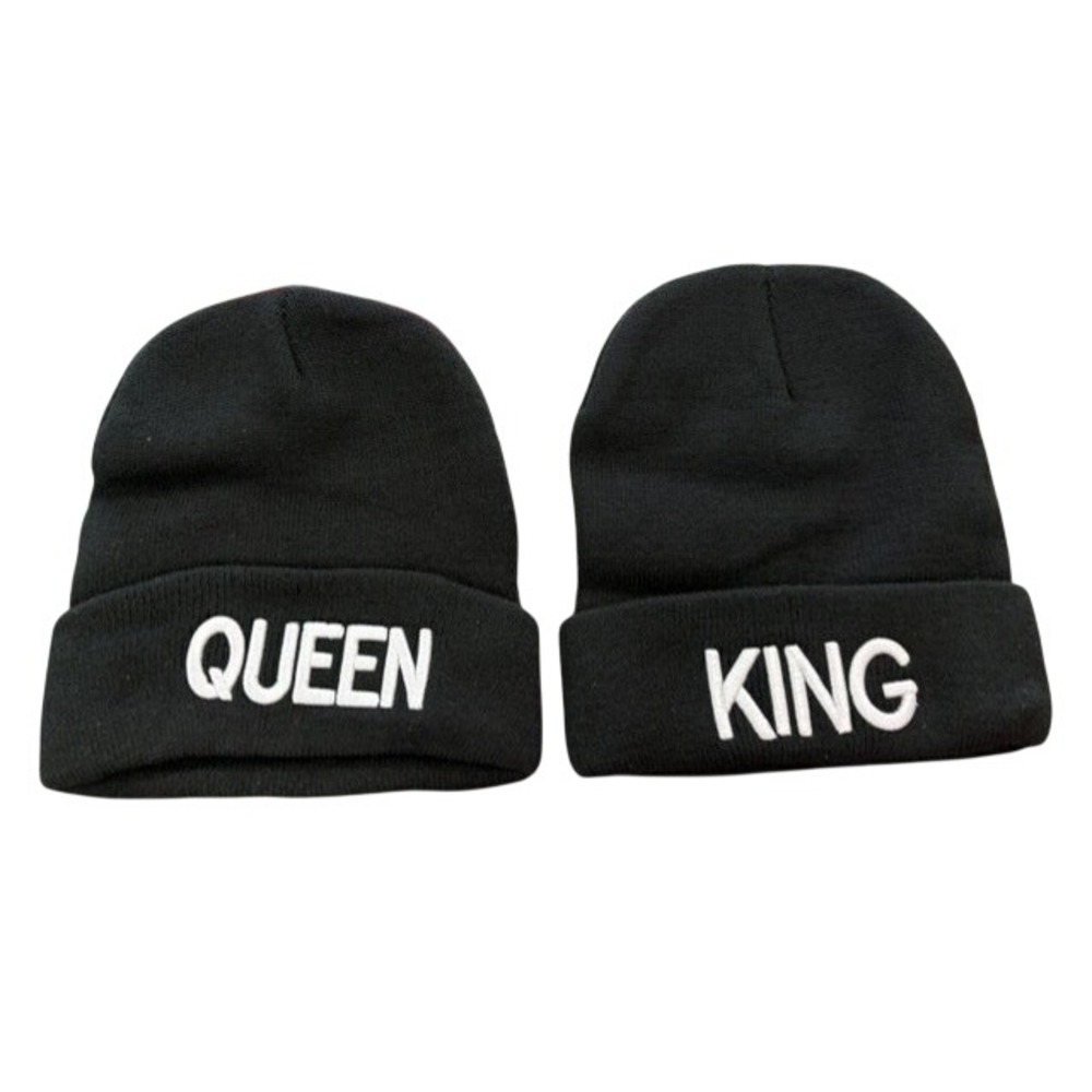 King and Queen Matching Beanie Set Black Knit Embroidered Cuffed Winter Hats